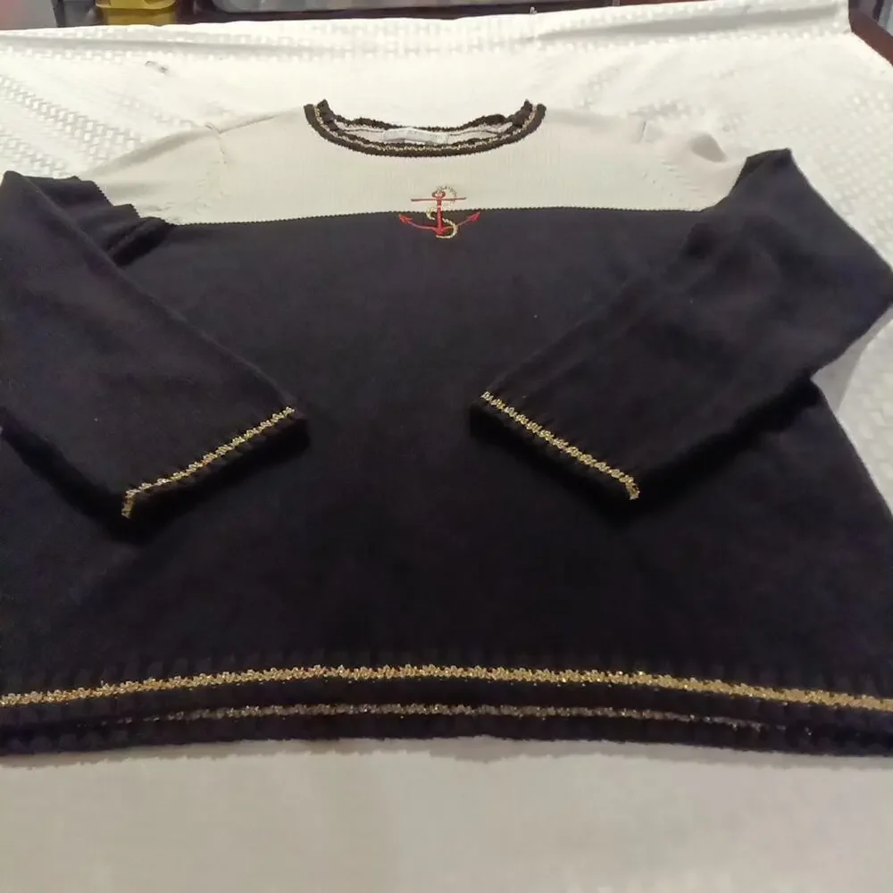 Petite Sophisticate Nautical Sweater Sz Lg Black And White Gold Trim Cotton